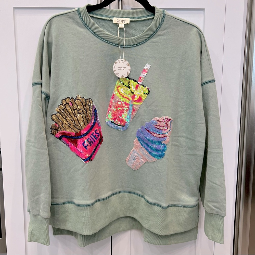 ODDY Crewneck Life’s Pleasures Sequin Patched Sweatshirt Sz S